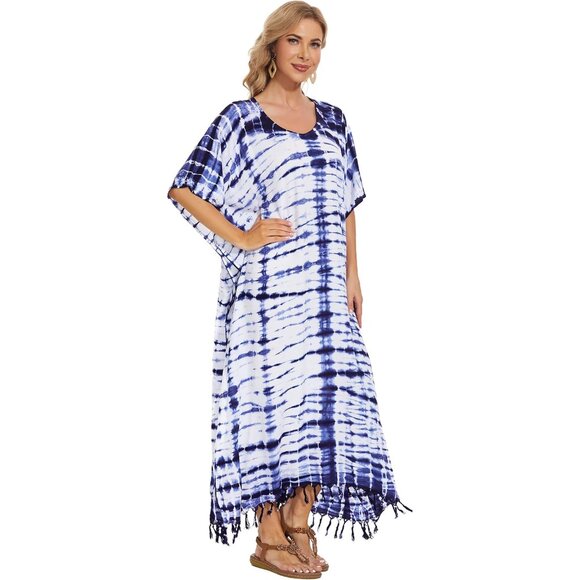 Women Tie Dye Caftan Maxi Dress Plus Size V-Neck Rayon Loungewear Casual - Picture 2 of 9